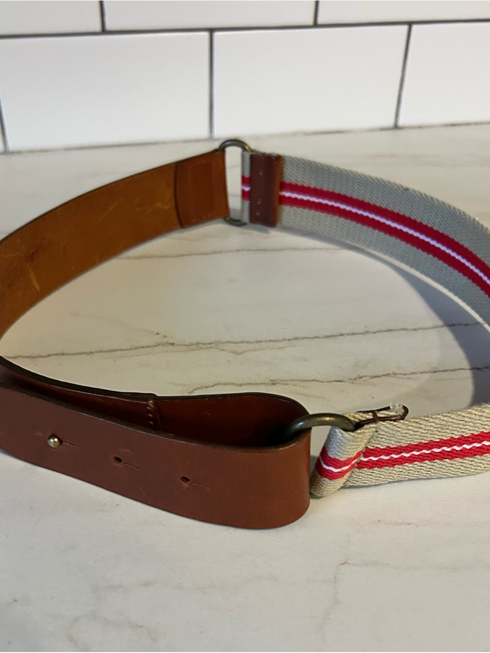 Weekend Max Mara Brown Leather & Striped Canvas Belt - Made in Italy - Size S